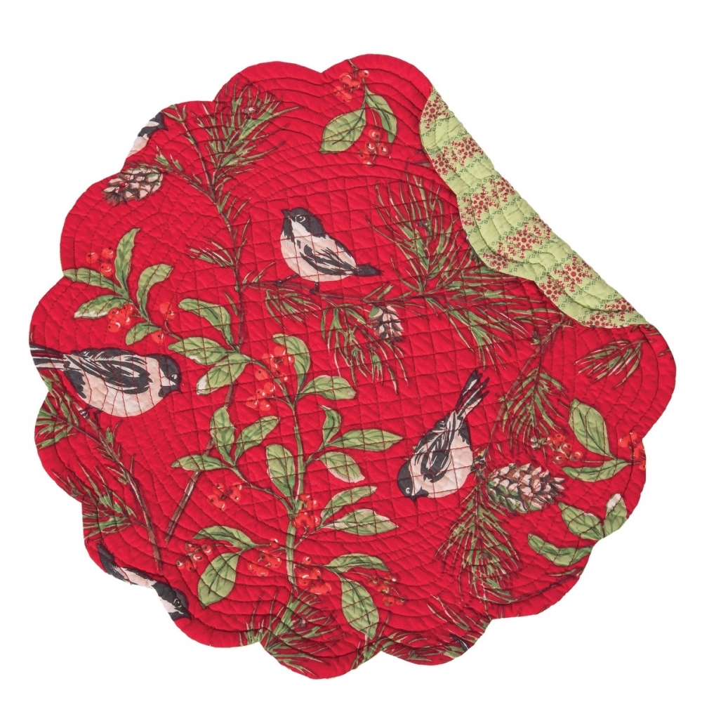 Round Quilted Placemat Chickadee Red Washable/Reversible 17in