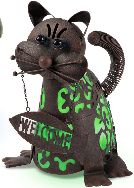 Solar Garden Statue Cat with Green Solar Light 14in