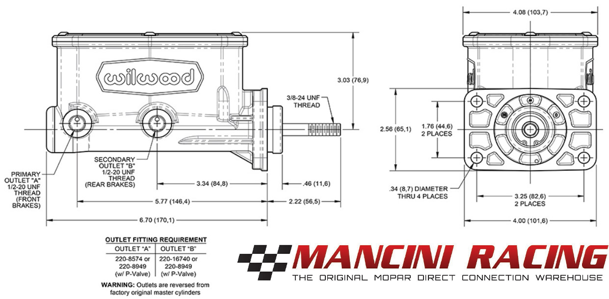 Wilwood 4 Bolt Mopar Master Cylinder Kit