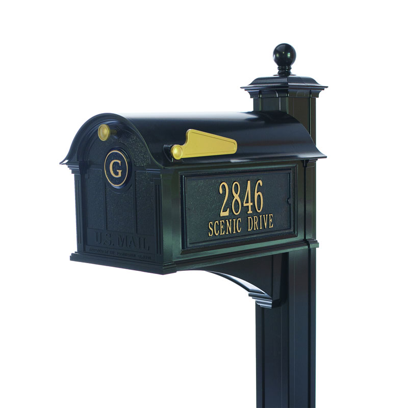 Aluminum Metal Mailbox with Decorative Ball Top Post, Monogram On Front