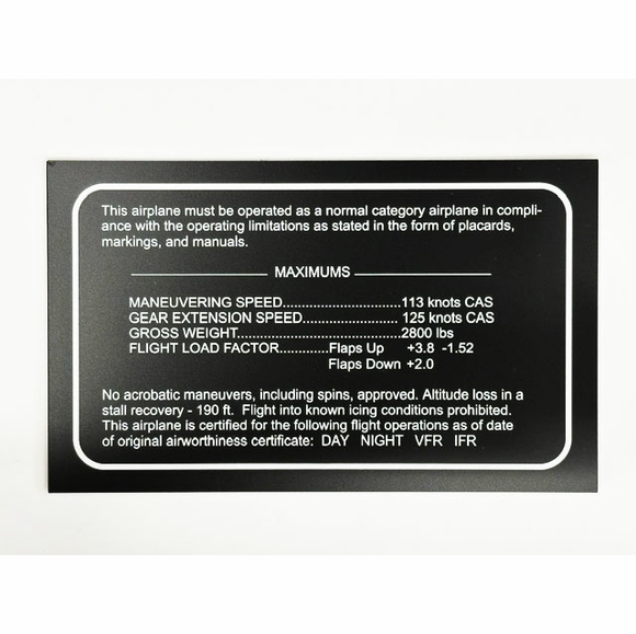 Custom Aircraft Operating Plate (A156) | Comfort House