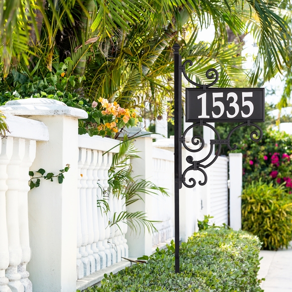 Double Sided Reflective Address Sign with Post, Scrollwork Accents