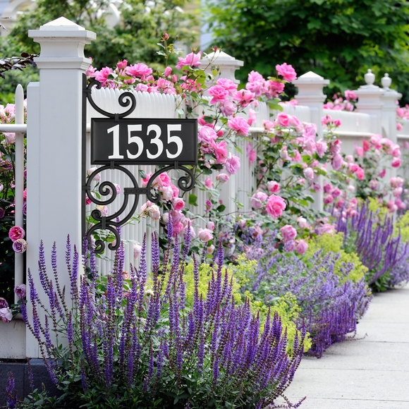 Double Sided Reflective Address Sign with Post, Scrollwork Accents