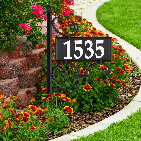 Double Sided Reflective Address Sign with Post, Scrollwork Accents