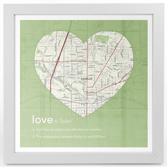 Personalized Heart Shaped Map Framed Wall Art With Definition of Love