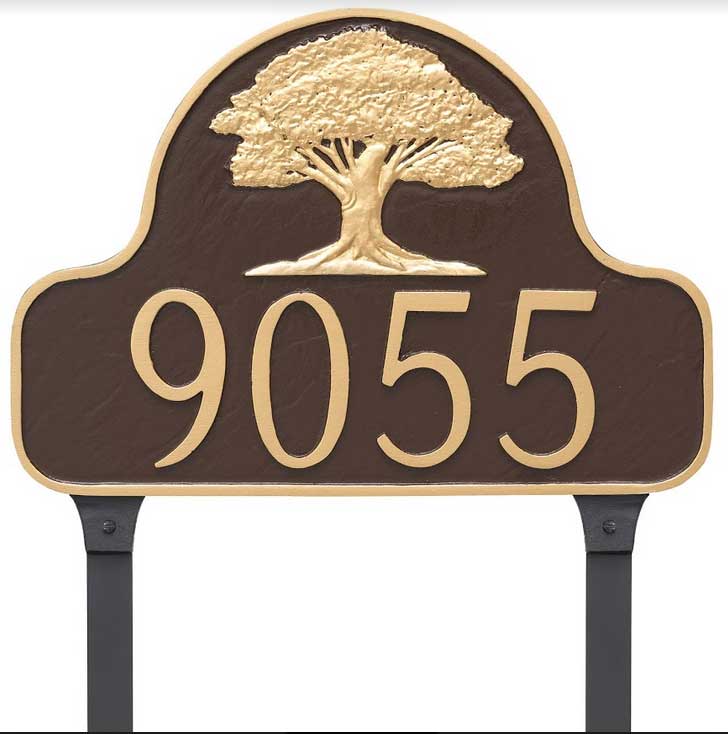 Oak Tree Address Sign with Yard Stakes For Lawn Mounting