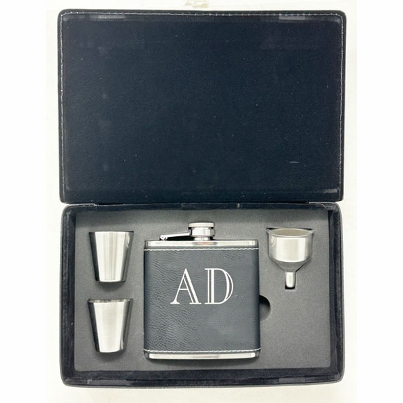 Personalized Engraved Flask Set with Shot Glasses, Funnel & Case
