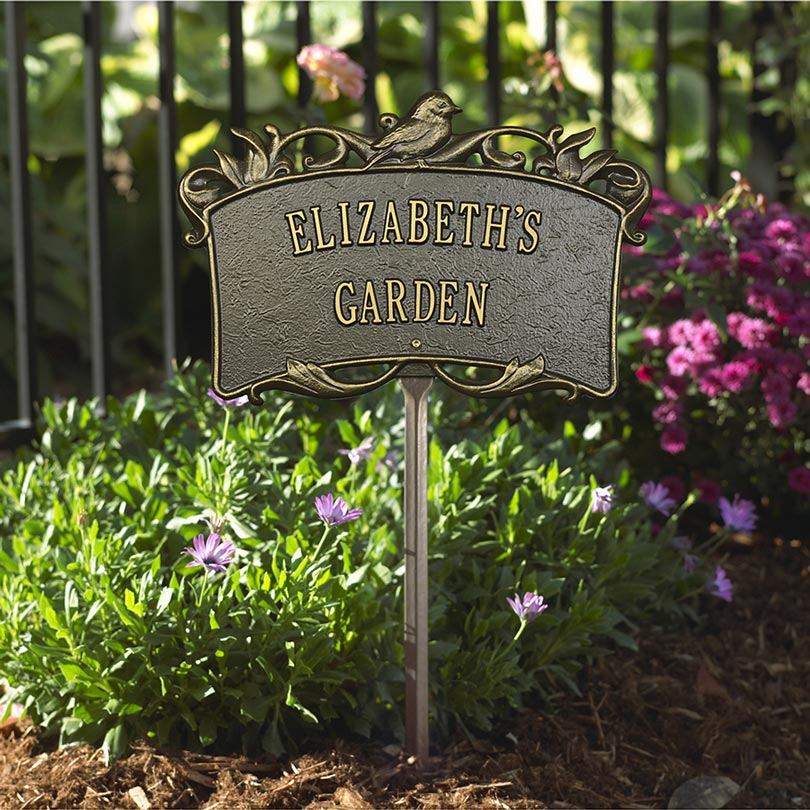 Personalized Garden Plaque With Bird & Scrollwork Decoration And Lawn Stake