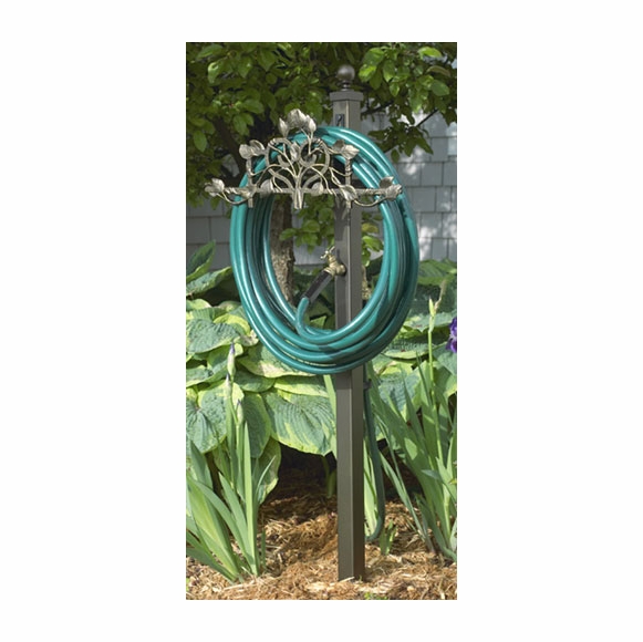 Post Mount Hose Holder Station With Decorative Vine and Faucet