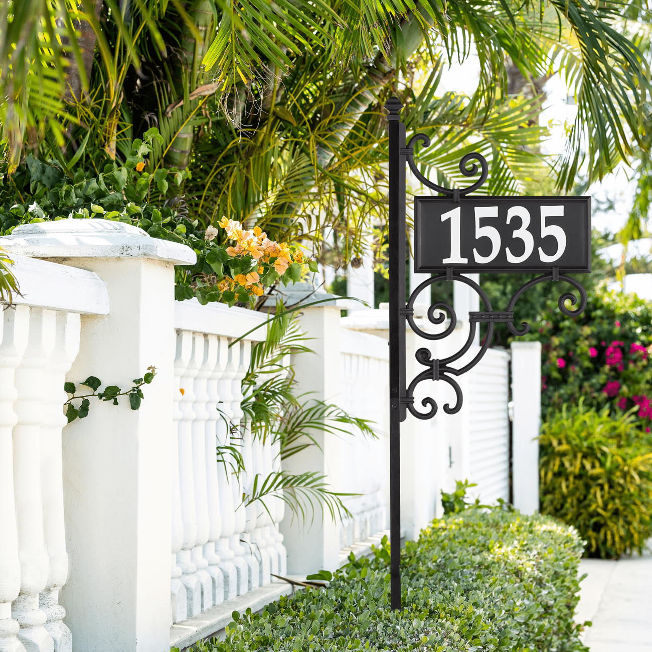 Double Sided Reflective Address Sign with Post, Scrollwork Accents