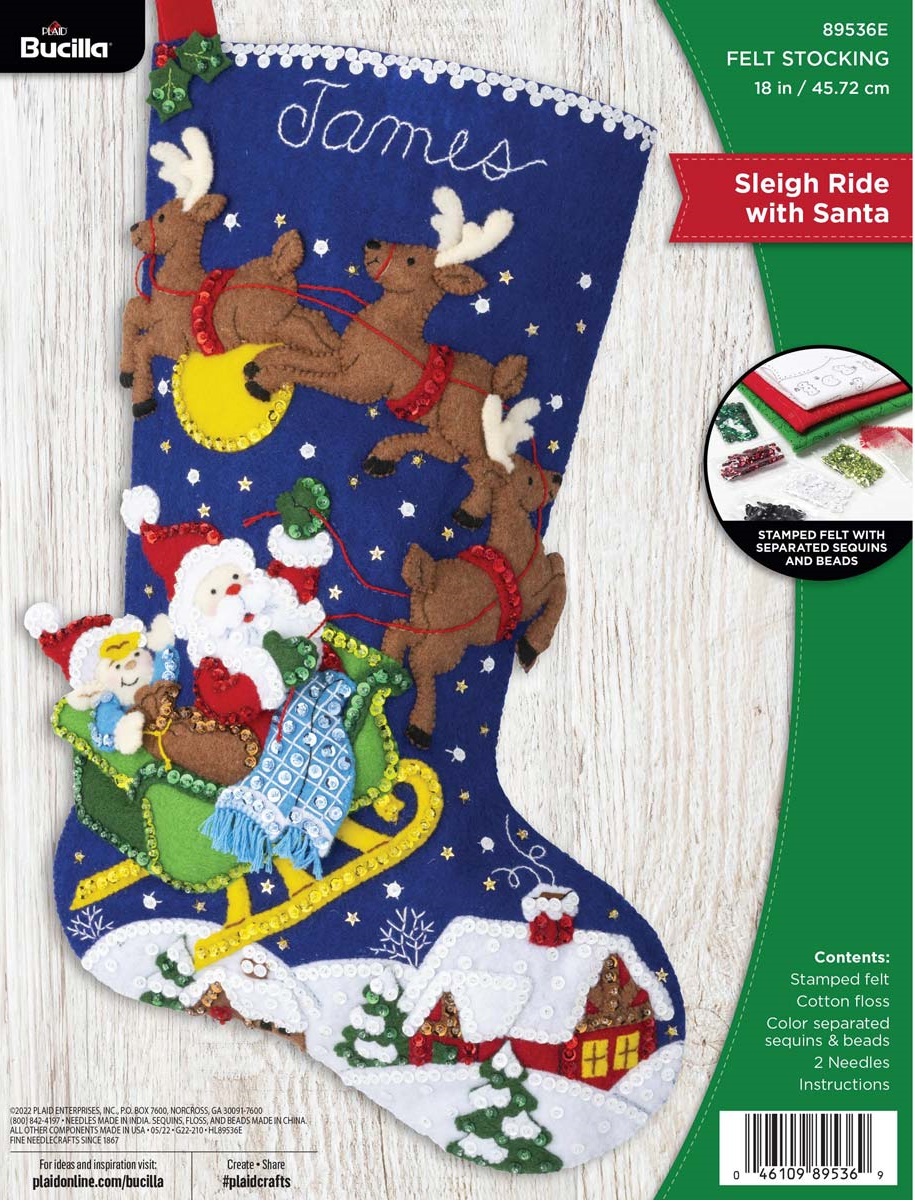 Bucilla Sleigh Ride with Santa, felt applique Christmas stocking kit