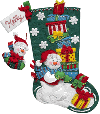 Bucilla: Snowman W/Presents, felt applique Christmas stocking kit, 150 Anniversary Kit
