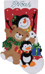 Design Works: Holiday Friends: Snowman, Teddy Bear & Penguin, Christmas stocking felt applique kit