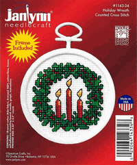 Holiday Wreath, Mini Christmas Kits with frame, cross stitch (Janlynn)