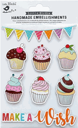 Make A Wish, Birthday Cupcakes, 3D Scrapbook stickers, 8/pk (Little Birdie)