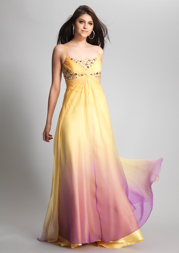 open lace back dress Purple and Yellow Gradient V-neckline Straps Tulle Evening Gown, Long –  Cutedressy