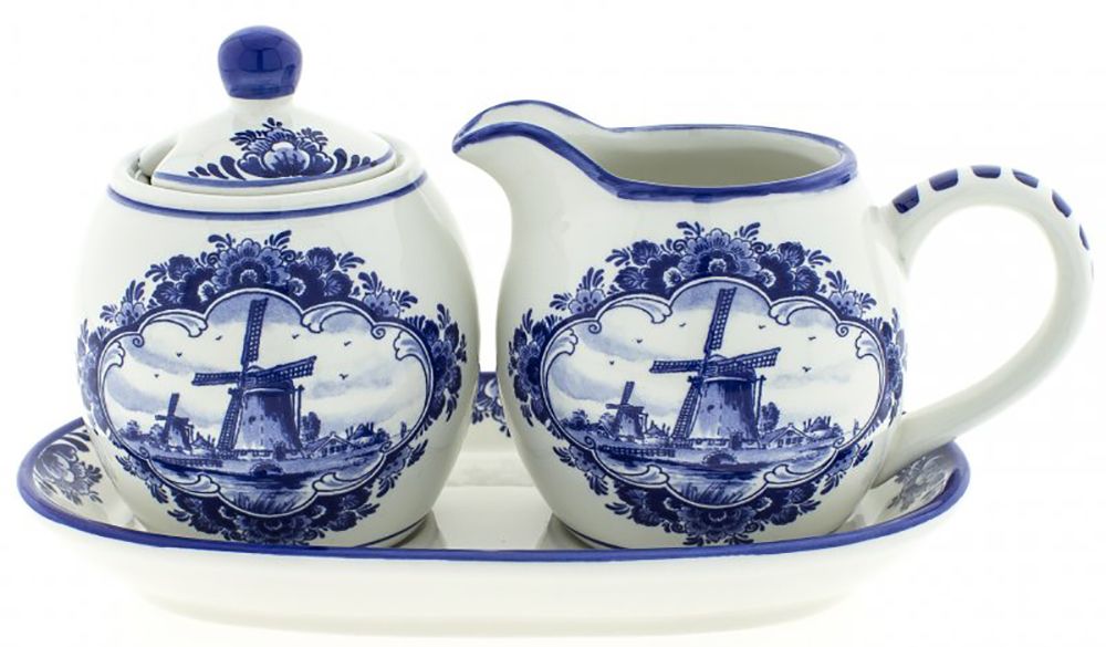 Blue and White Delft Sugar & Creamer Set with Tray Coffee pots