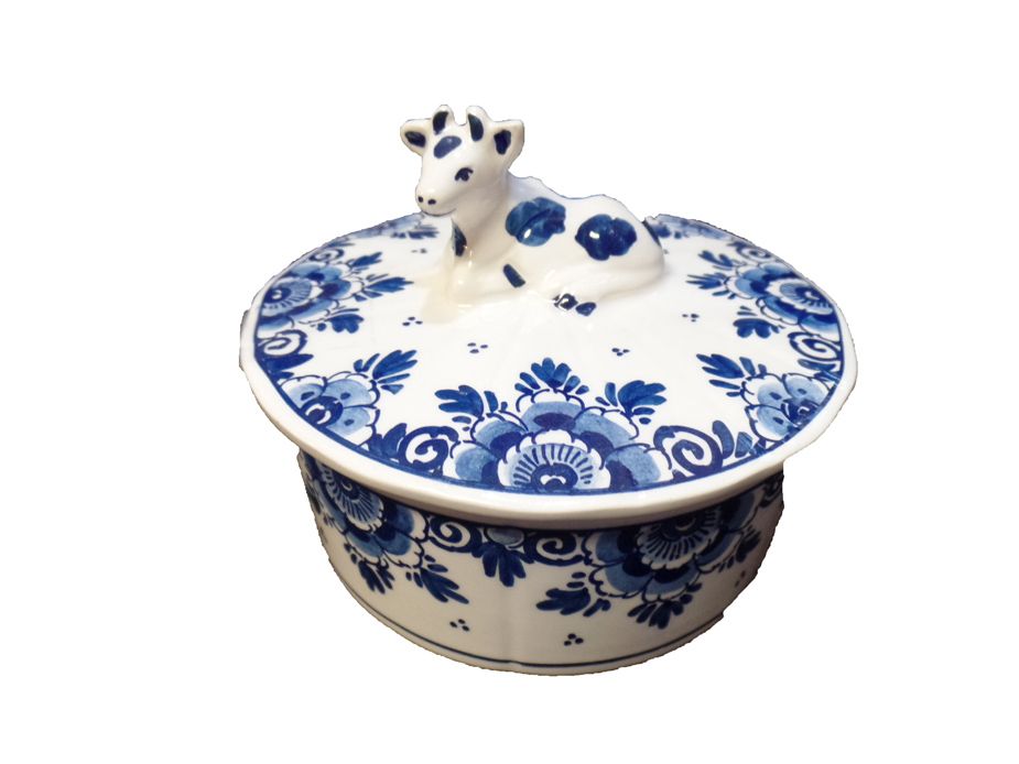 DeWit Handpainted Blue and White Delft Ceramic Butter Dish with Cow