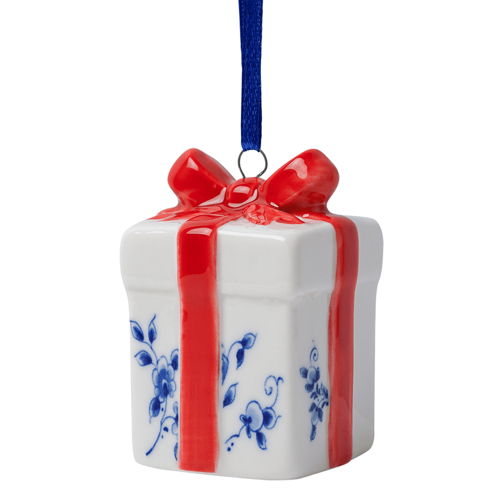 Delft Ornament Present with Red Bow Christmas Ornaments & Special Editions
