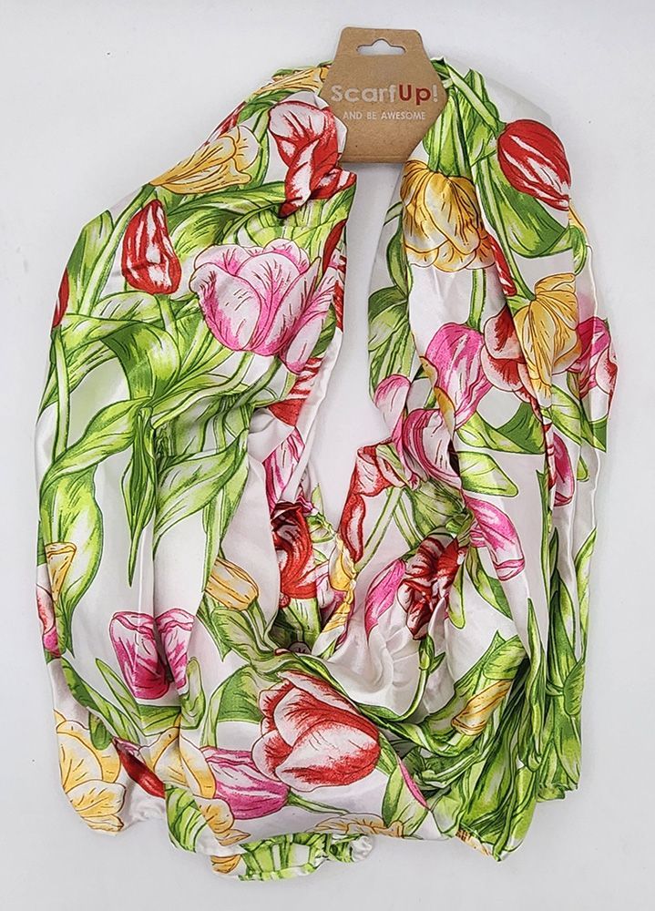 Satin Scarf with Multicolor Tulip Design