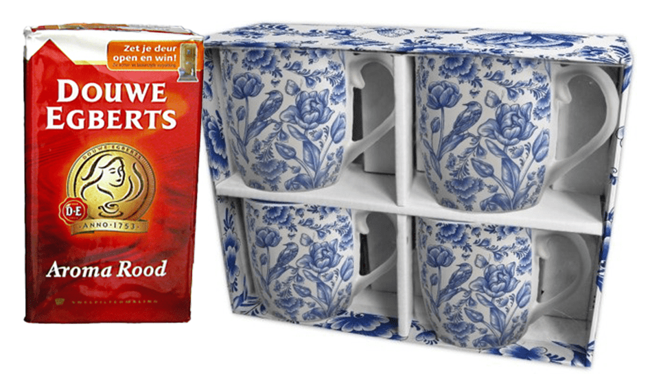 Set of (4) Blue and White Floral Mugs and Douwe Egberts Coffee Any