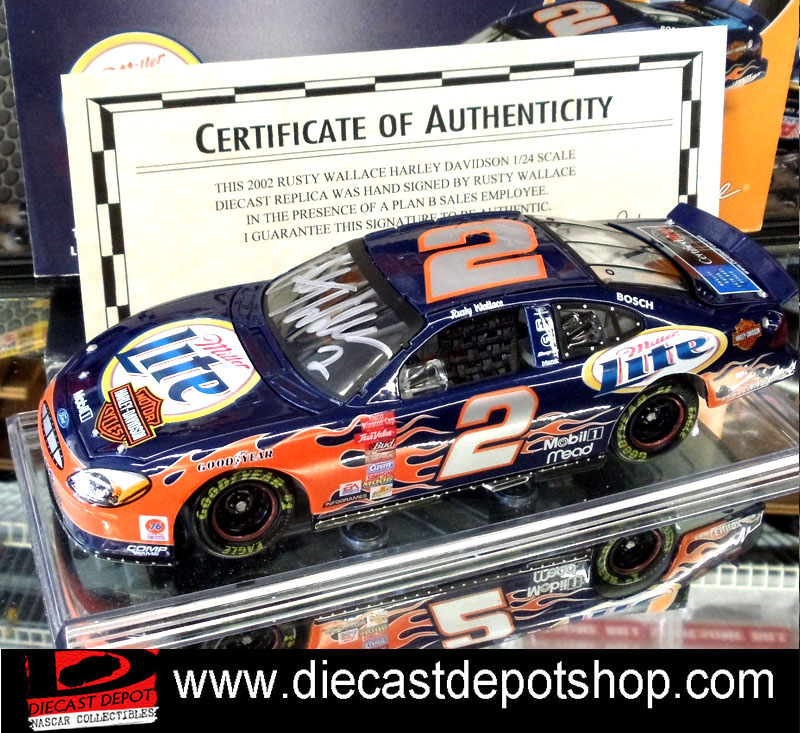 AUTOGRAPHED RUSTY WALLACE 2002 HARLEY DAVIDSON FLAMES 1/24 ACTION