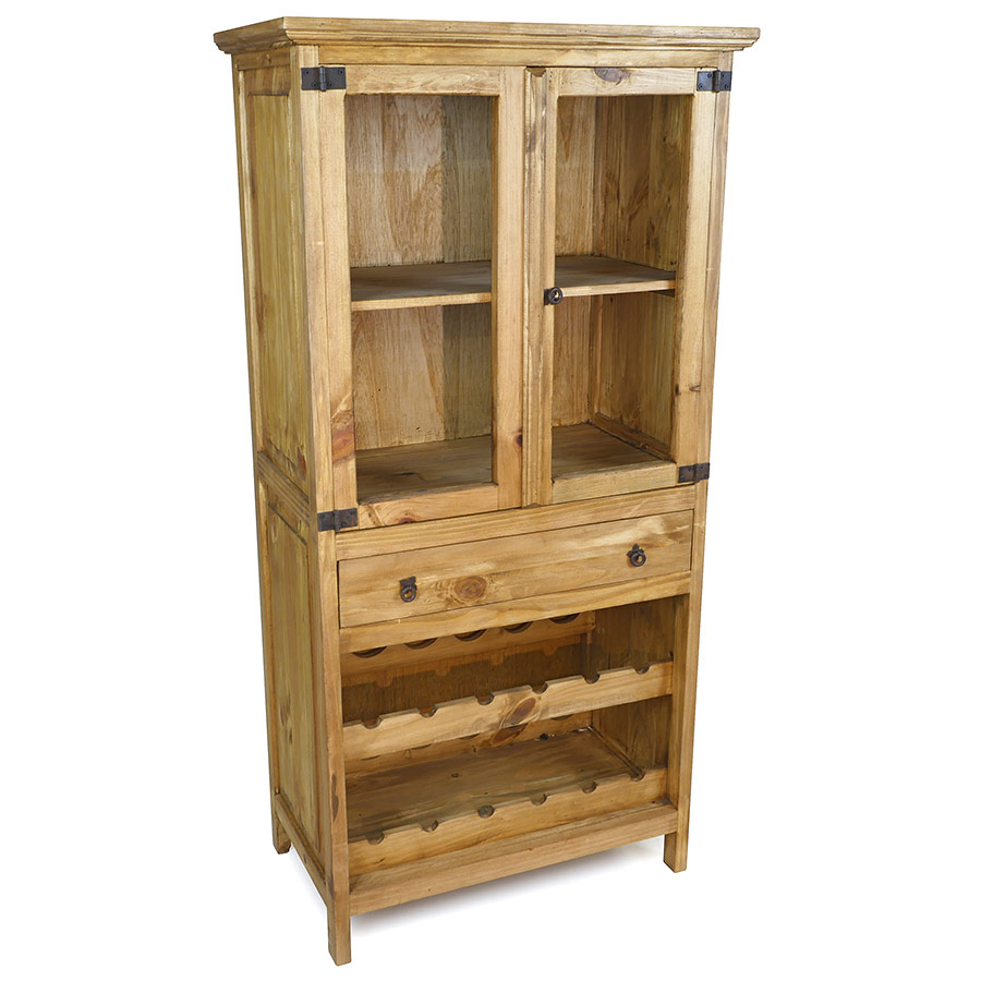2 Door Rustic Pine Mexican Cupboard with Wine Rack and Drawer