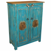 2 Door Rustic Turquoise Cabinet with Carved Doors