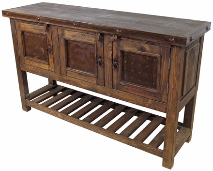 3 Door Old Wood Buffet with Slat Bottom and Iron Accents