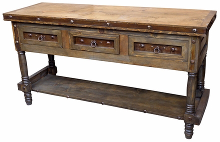 3 Drawer Rustic Wood Sofa Table with Iron Accents