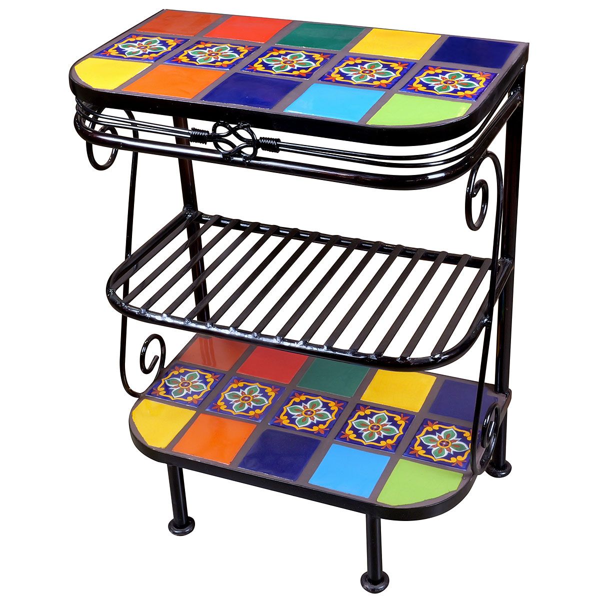 3-Tier Wrought Iron Plant Stand with Talavera Tiles