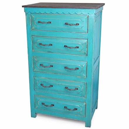 5 Drawer Turquoise Painted Wood Chest of Dresser