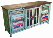 60" Green Painted Wood TV Console with Multi-Color Slat Doors and Glass