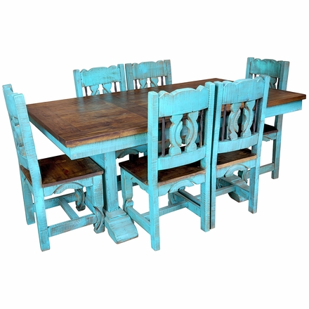 7-Piece Turquoise Painted Wood Dining Set with Trestle Base