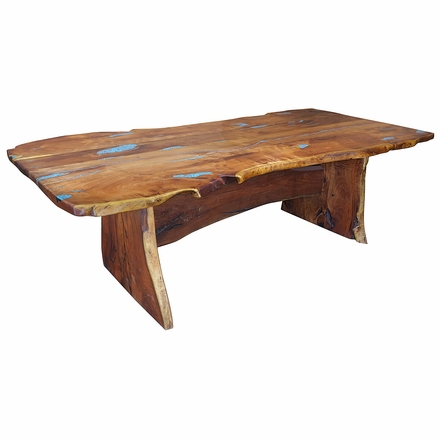 8 ft. Free Form Mesquite Trestle Dining Table with Copper & Turquoise Inlay