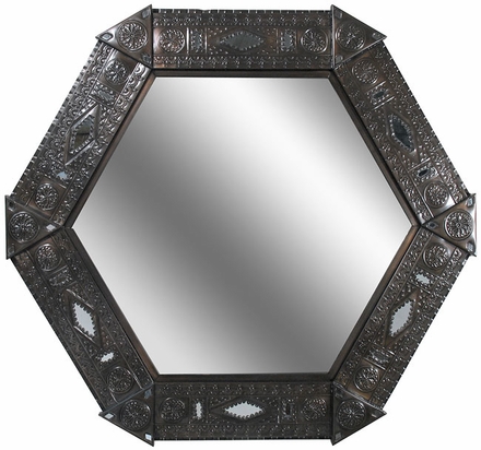 Aged Tin Chinese Hexagonal Mirror