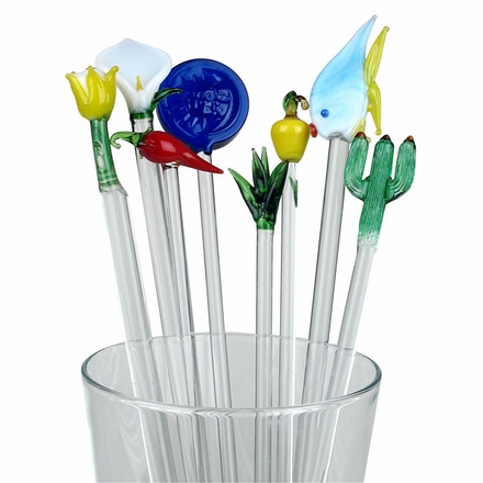 Assorted Glass Swizzle Sticks - Festive Drink Stirs - Set of 6
