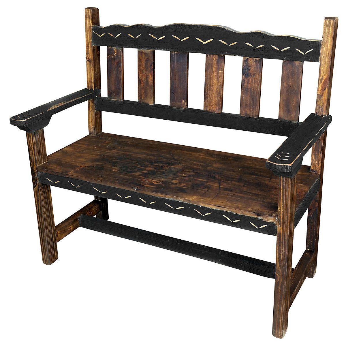 Black Painted Wood Bench with Etchings