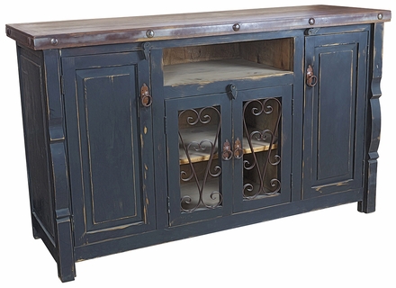 Black Painted Wood Buffet/Entertainment Console with Scrolled Iron Doors