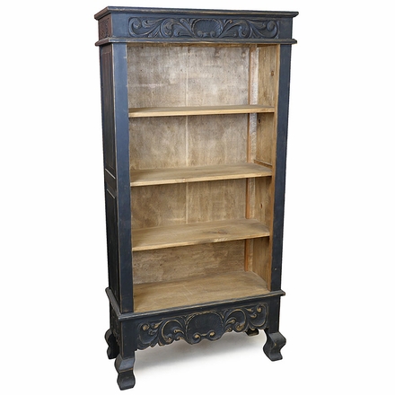 Black Patina Rustic Carved Scroll Bookcase