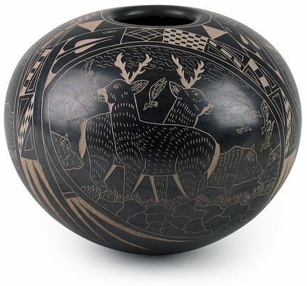 Blackened Mata Ortiz Pot with Deer and Wildlife Scene