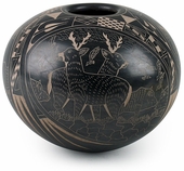 Blackened Mata Ortiz Pot with Deer and Wildlife Scene