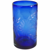 Blue Etched Floral Mexican Highball Glass - Set of 4