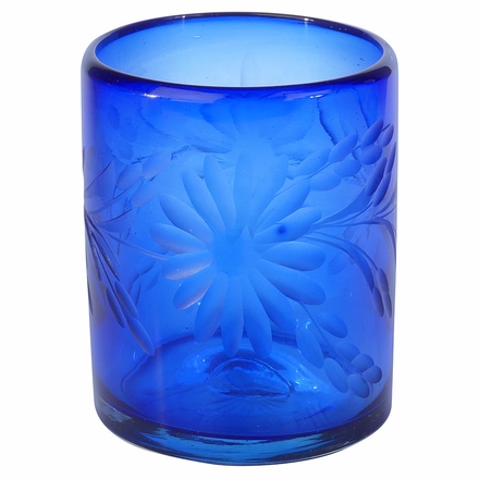 Blue Etched Floral Mexican Rocks Glass - Set of 4