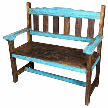 Blue Painted Rustic Wood Bench with Etchings