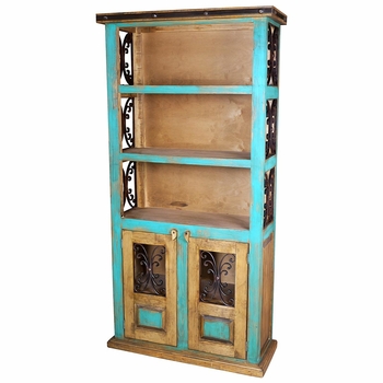 Blue Painted Wood Book Shelf with Iron Accents