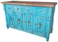 Blue Painted Wood Buffet with Cross Cutout Doors and Natural Top