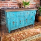 Blue Painted Wood Buffet with Cross Cutout Doors and Natural Top