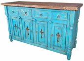 Blue Painted Wood Buffet with Cross Cutout Doors and Natural Top