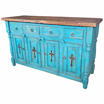 Blue Painted Wood Buffet with Cross Cutout Doors and Natural Top